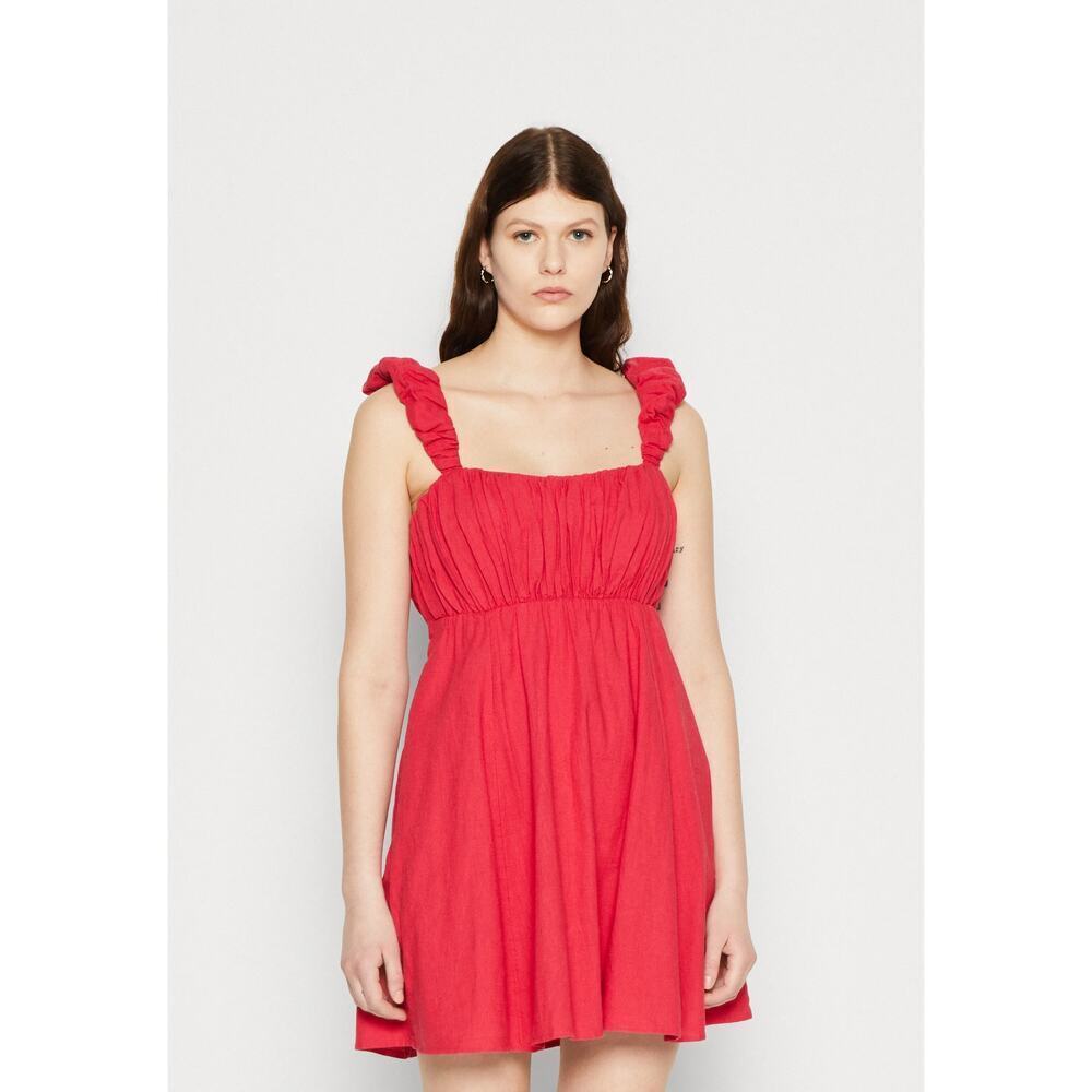 Abercrombie Puff Strap Babydoll‎ Dress XL Petite Red Linen Blend Pockets Summer